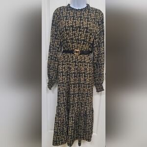 SHEIN Black and Gold Floral Long Sleeve Dress